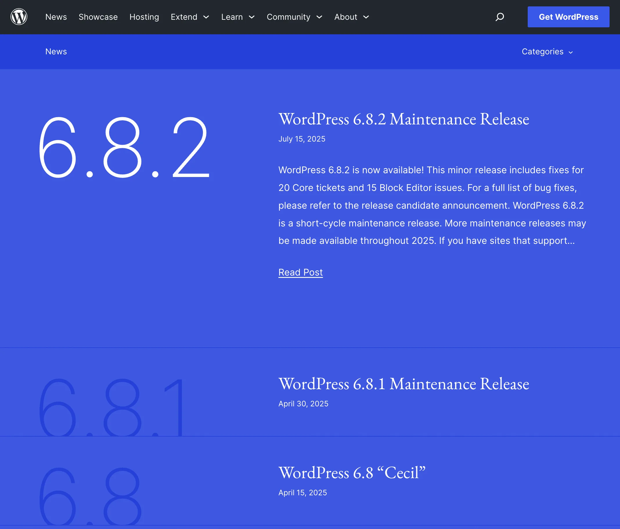 WordPress 核心版本发布
