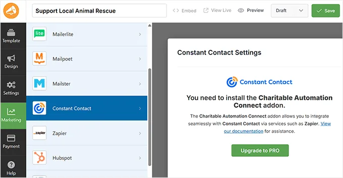 在 Charitable 中将捐款表单连接到电子邮件营销服务