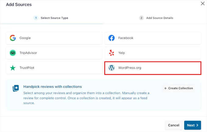 Choosing WordPress.org as the review source