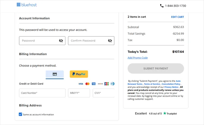 Bluehost 结账、支付和购买