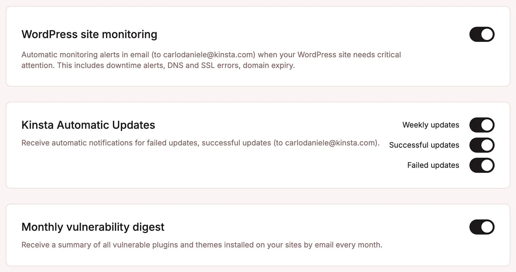 MyKinsta 中的通知设置