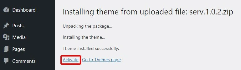 Activate Serv WordPress Block Theme