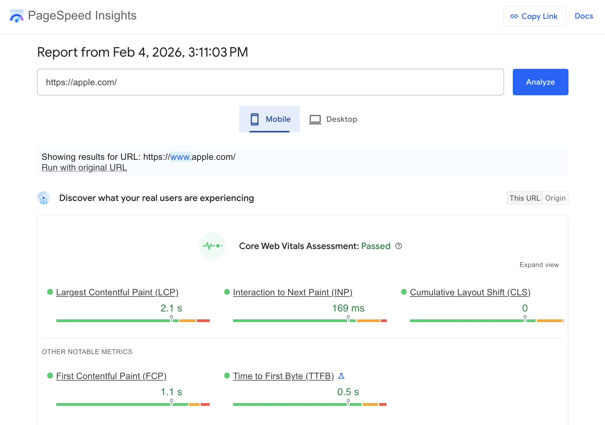 Core Web Vitals assessment in PageSpeed Insights