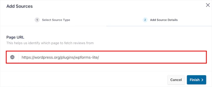 Entering the plugins' URL into the Page URL field