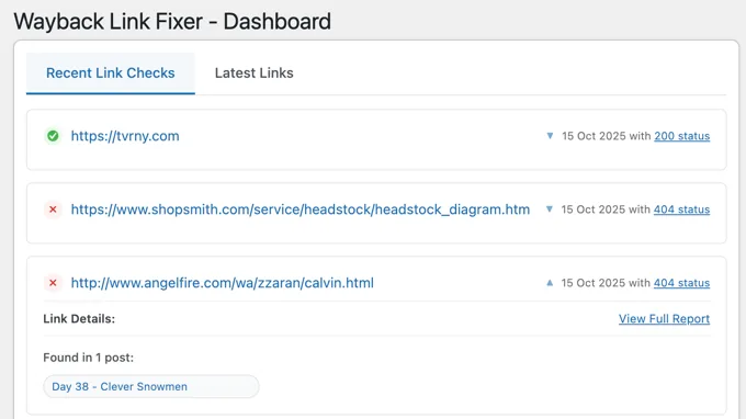 Wayback Link Fixer 仪表板