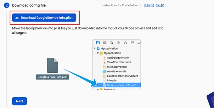 Download the config file for each app in Firebase