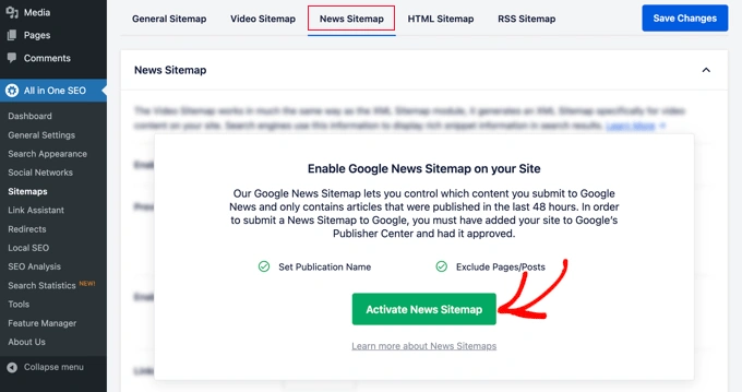 点击 'Activate News Sitemap' 按钮