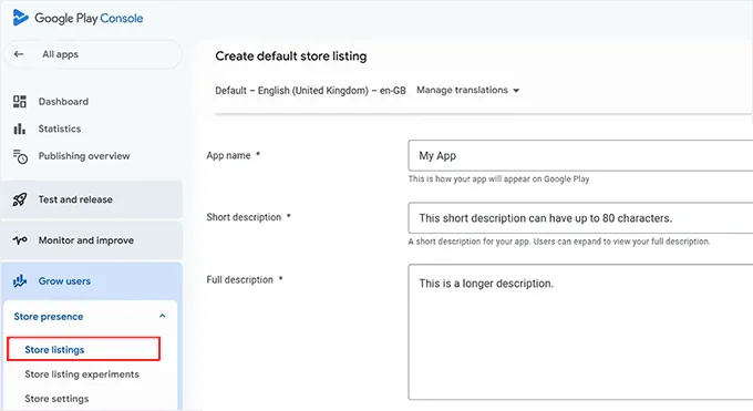 Add app details in Google Play Console