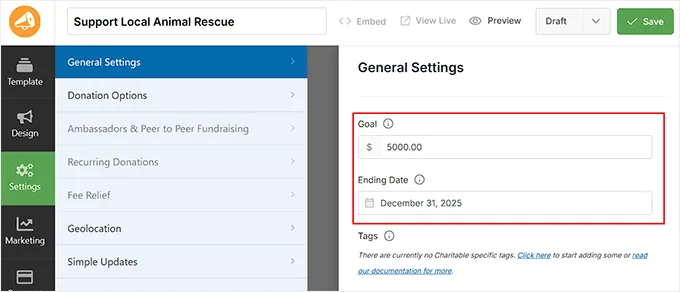 在 Charitable 中为筹款温度计设置目标