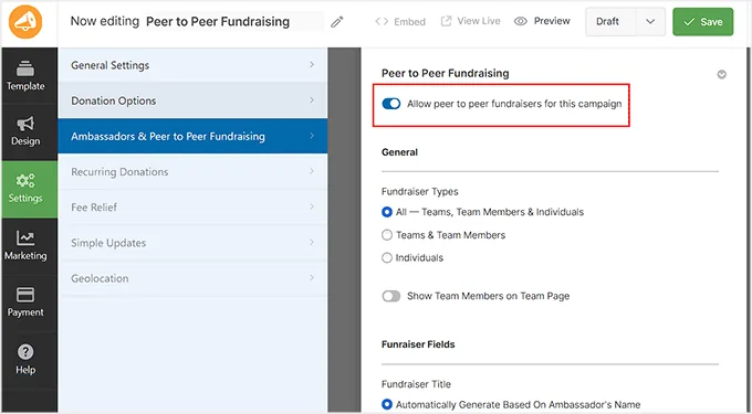 切换点对点筹款开关