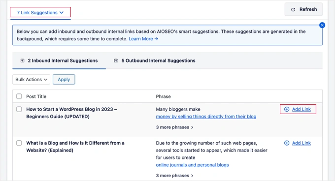 查看 AIOSEO 的 Link Assistant 提供的链接建议