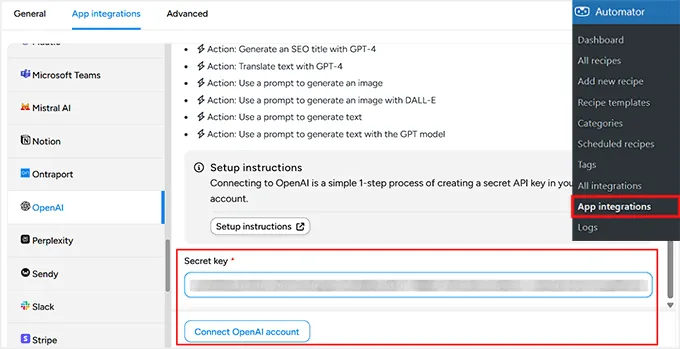 Click Connect OpenAI account button in Uncanny Automator