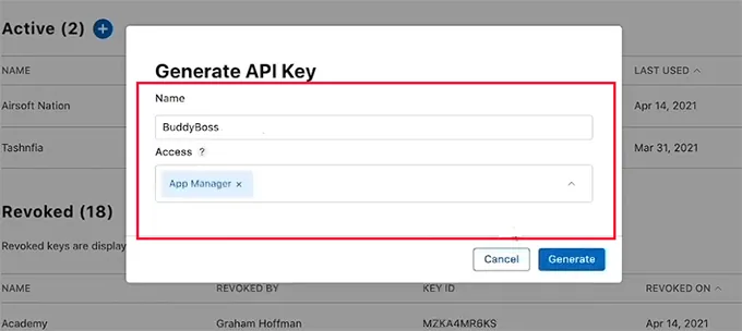 Configure name and access for API key in the Apple Developer Account
