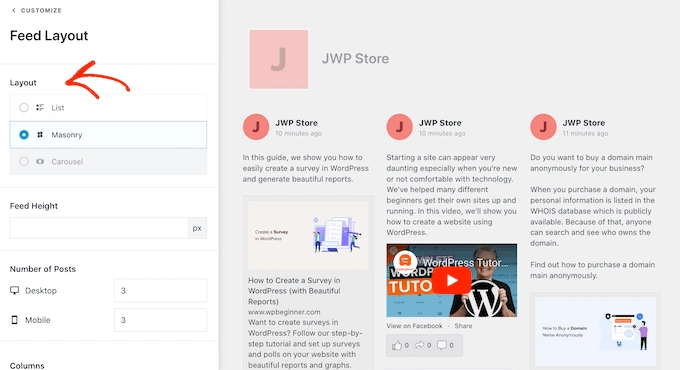 为您的自定义 Facebook 提要选择布局
