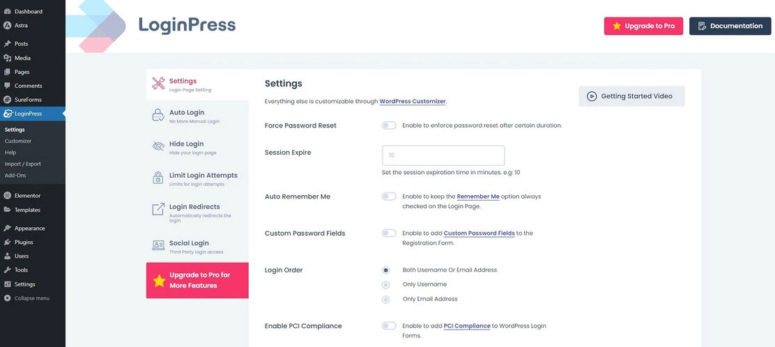 LoginPress 菜单项