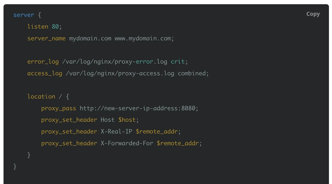 Screenshot of a code block, showing part of the code for setting up a reverse proxy. 