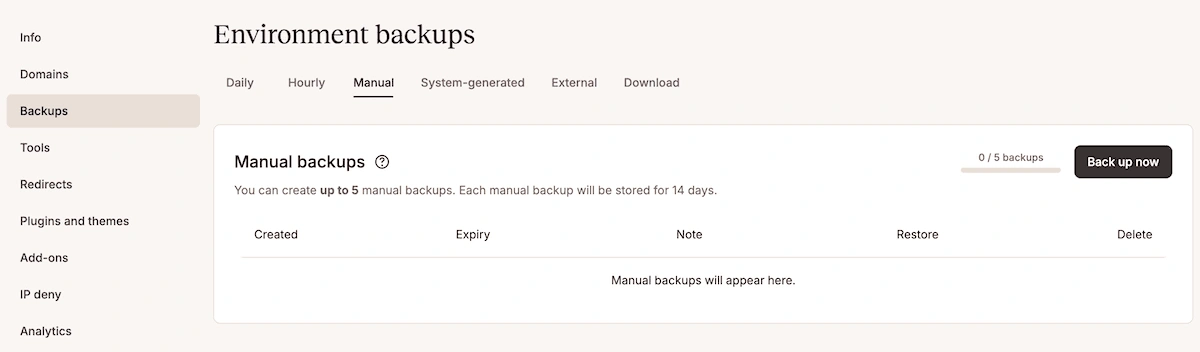 The MyKinsta Manual backups screen showing an empty list awaiting fresh backups and a black Back Up Now button.