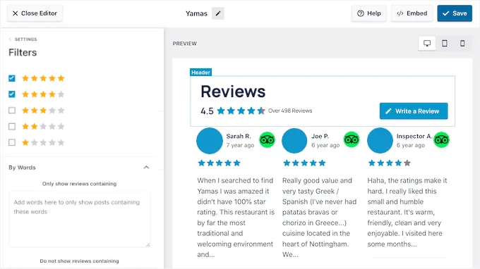 Reviews Feed中的筛选选项