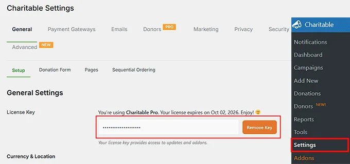 在字段中输入 Charitable 许可证密钥