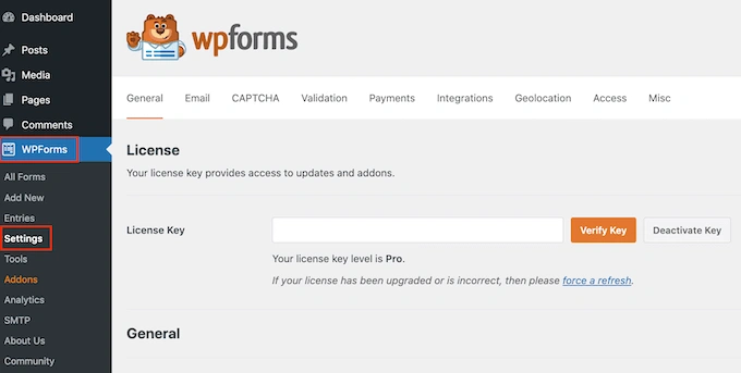 输入 WPForms 许可证密钥