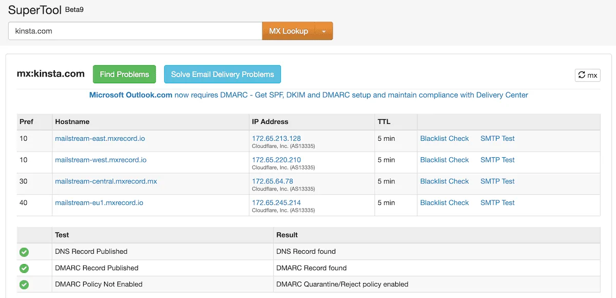 显示 Kinsta 网站 MX 记录的 MXToolbox 主页，以及 IP 地址和 TTL 时间。