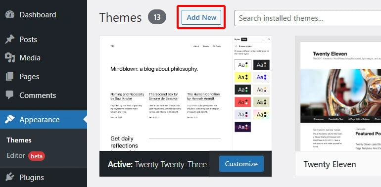 Add New Theme Button