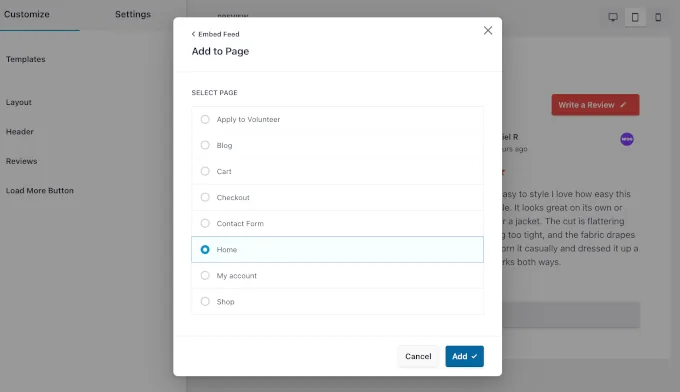 选择现有页面以嵌入评价聚合