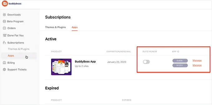 Click the Manage button next to the BuddyBoss app