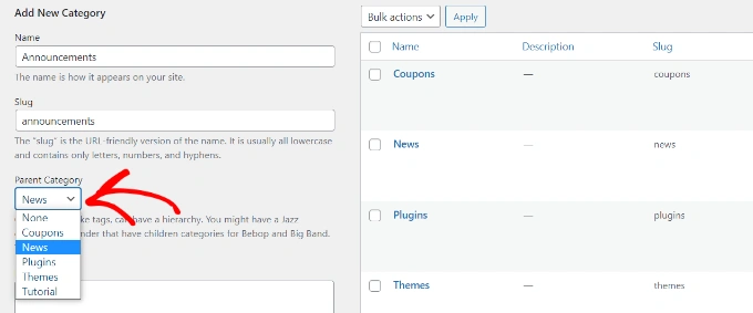 在 WordPress 中选择父类别