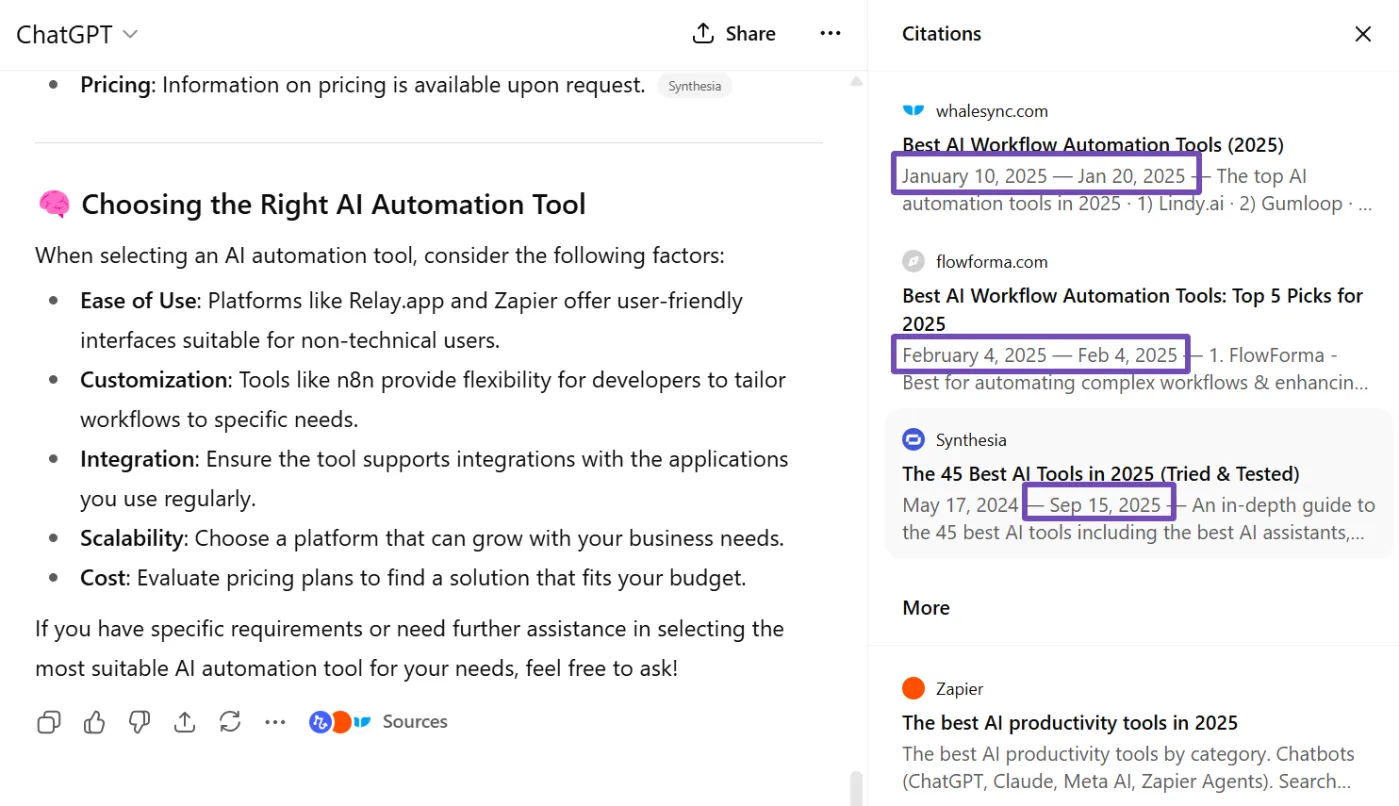 ChatGPT cites recent content
