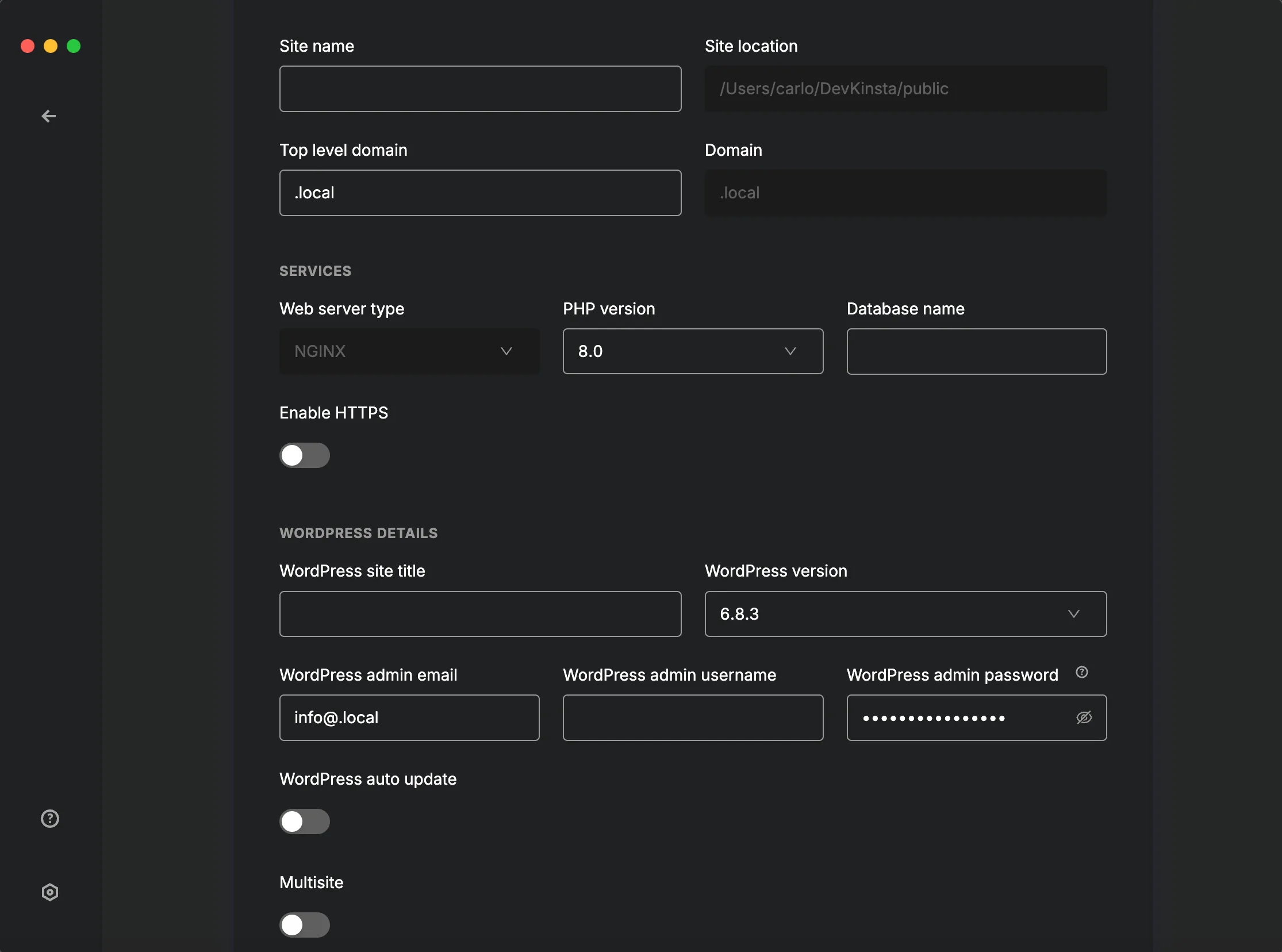 在 DevKinsta 中配置本地网站