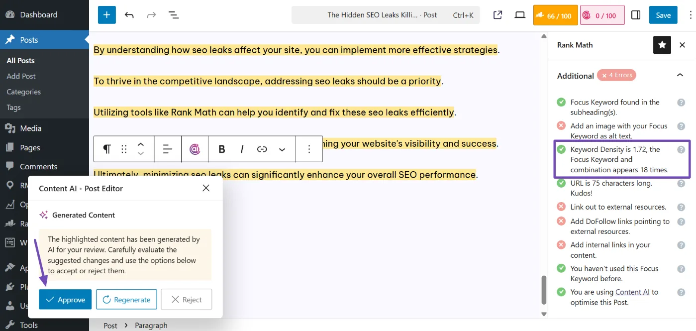Rank Math keyword density tool
