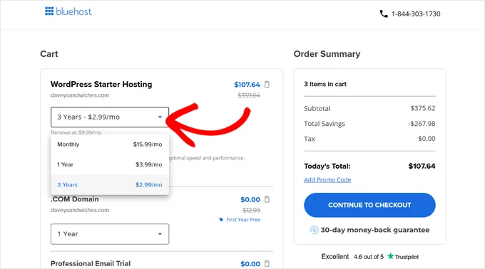 选择 Bluehost 方案期限
