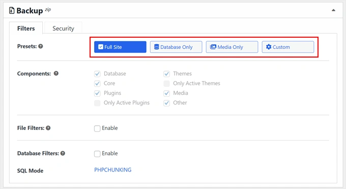 Choosing a backup preset in Duplicator