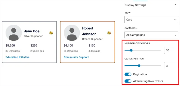 调整捐赠者数量和分页