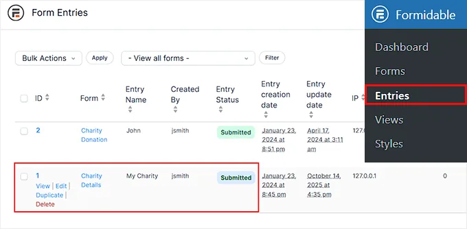 在 Formidable Forms 中点击 Charity Details 下的 Edit 链接
