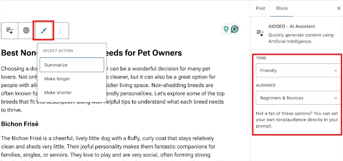 AIOSEO 's AI assitance options for tone and audience