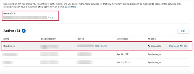 Download Apple API key from account dashboard