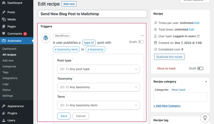 选择将触发自动化的帖子类型