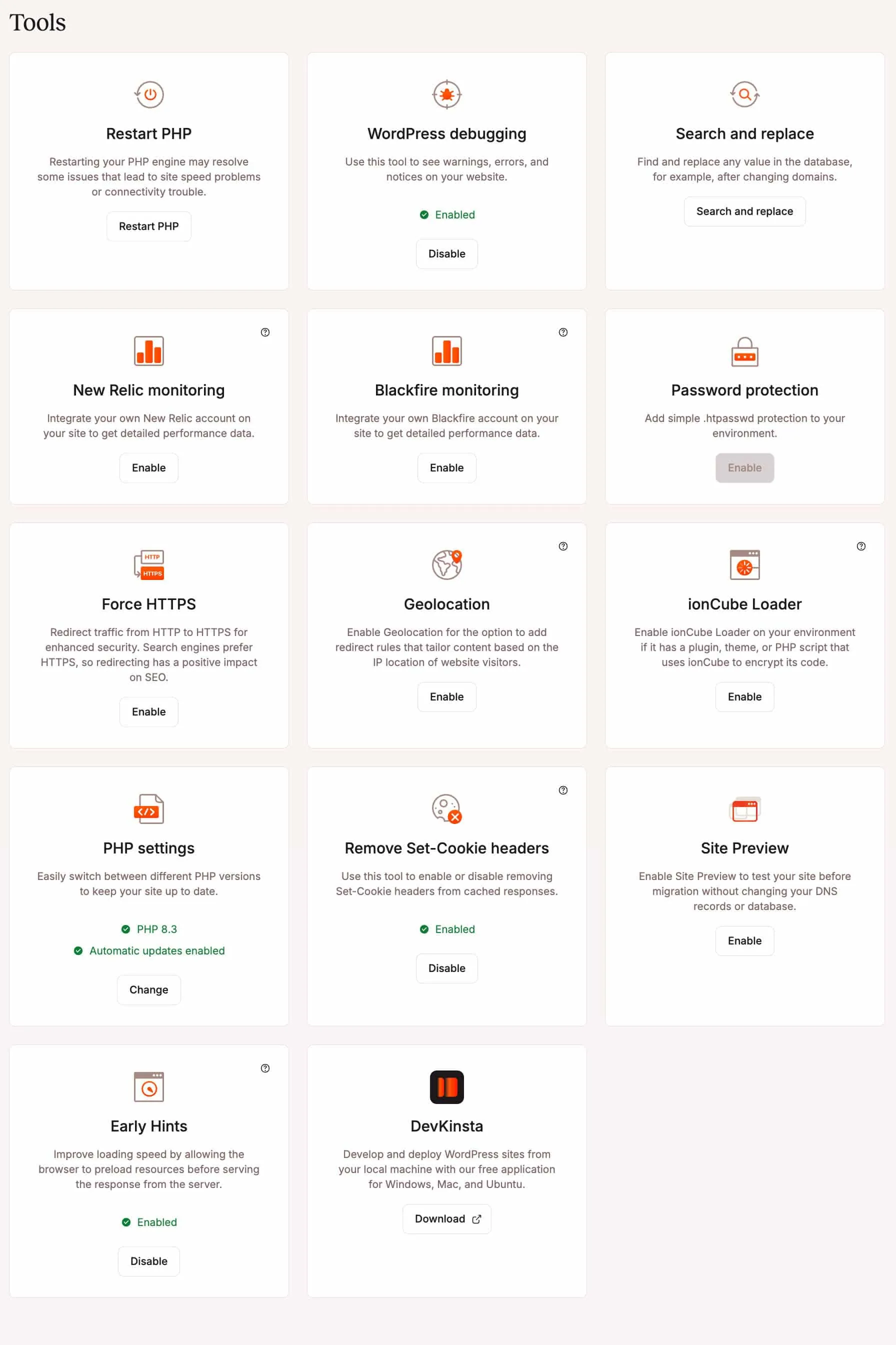 MyKinsta 中可用的额外工具