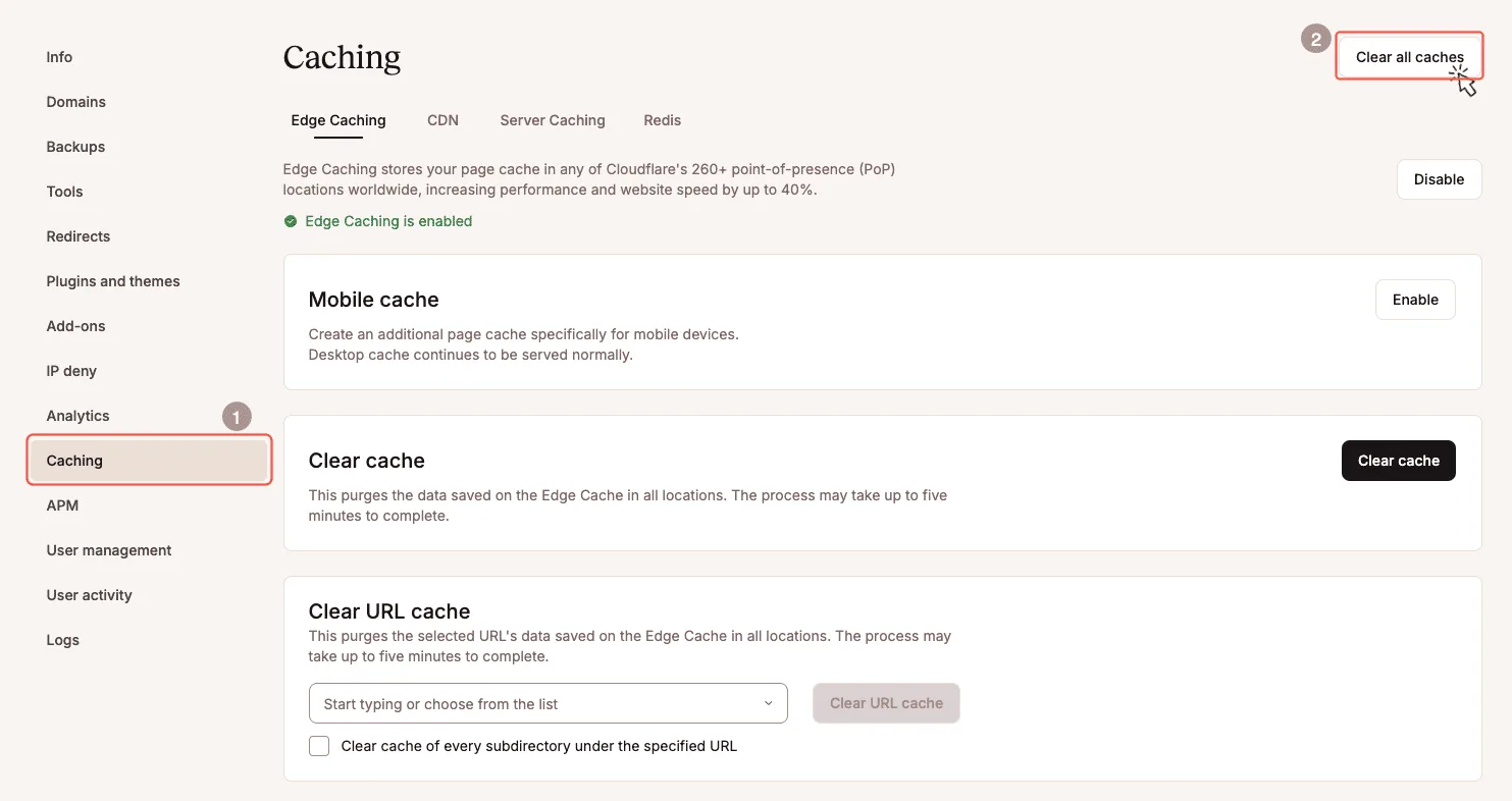 Clear all caches in MyKinsta