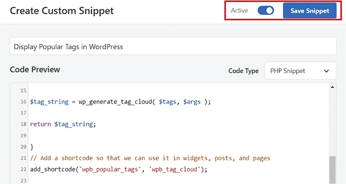 Save the code snippet for displaying popular tags