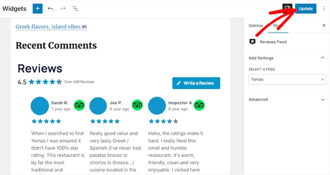 小工具管理区域中的TripAdvisor评论
