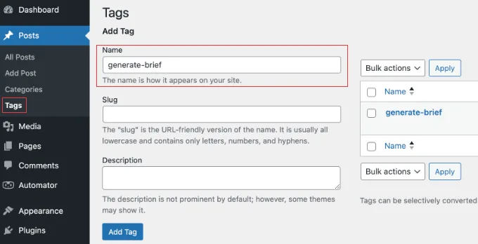 Creating a New Tag in WordPress