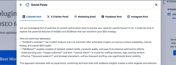 Generating social content using AIOSEO's AI content generator