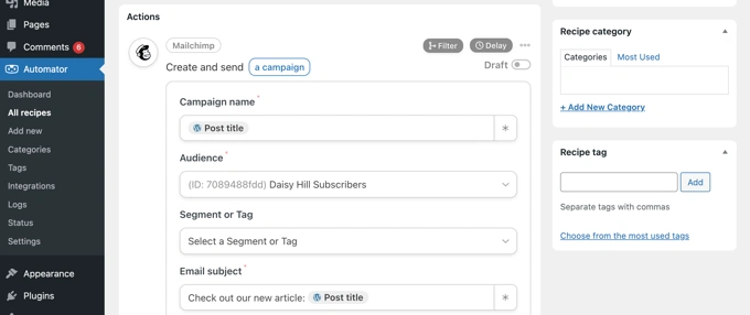 填写字段以设置 Mailchimp 活动