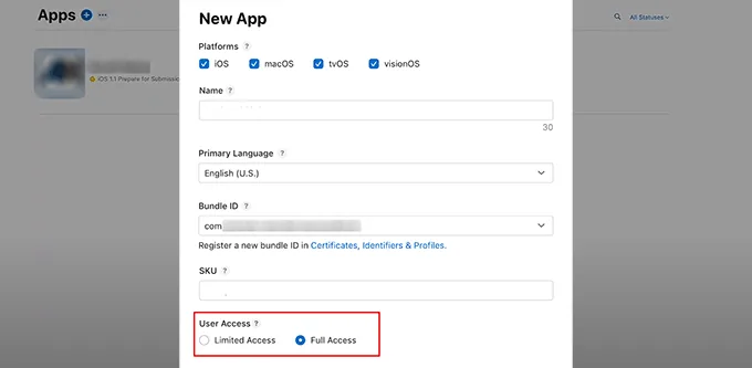 Add details to create a new app in Apple Developer account