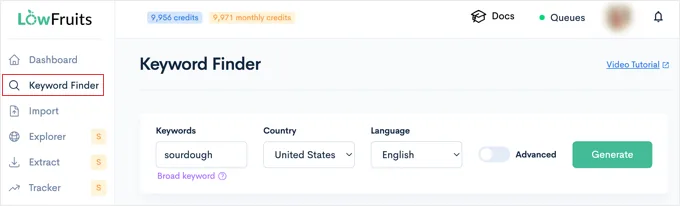 在 LowFruits 的关键词查找器工具中输入种子关键词