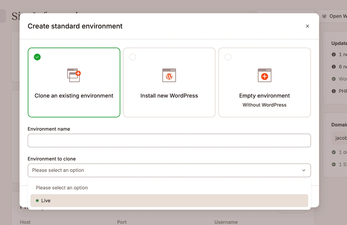 显示创建新暂存环境选项的 MyKinsta 环境屏幕。