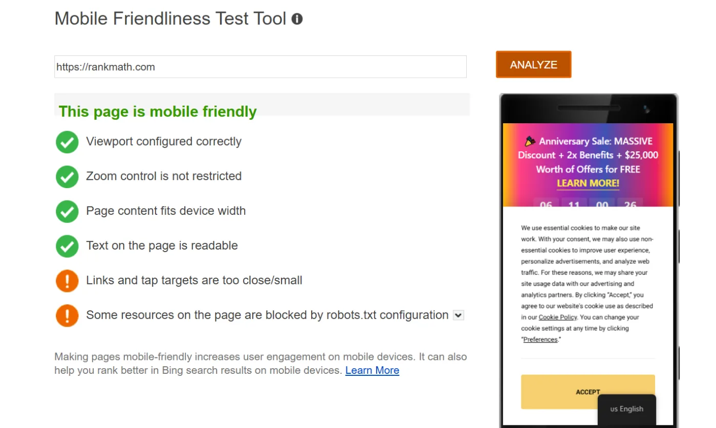 Bing Mobile Friendliness Test